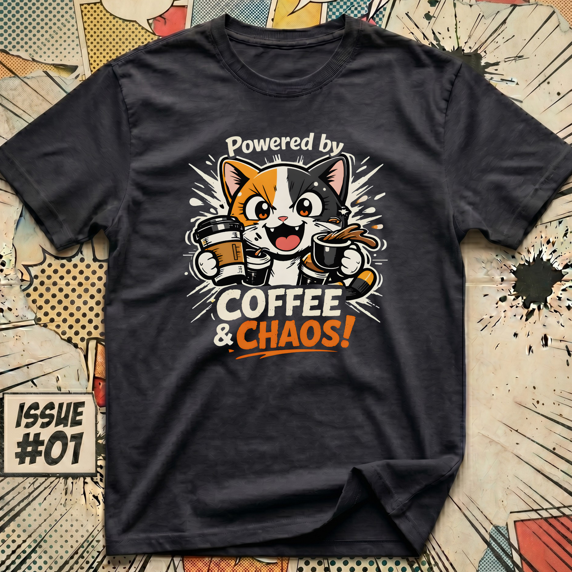 Cat Powered by Coffee and Chaos! T-Shirt