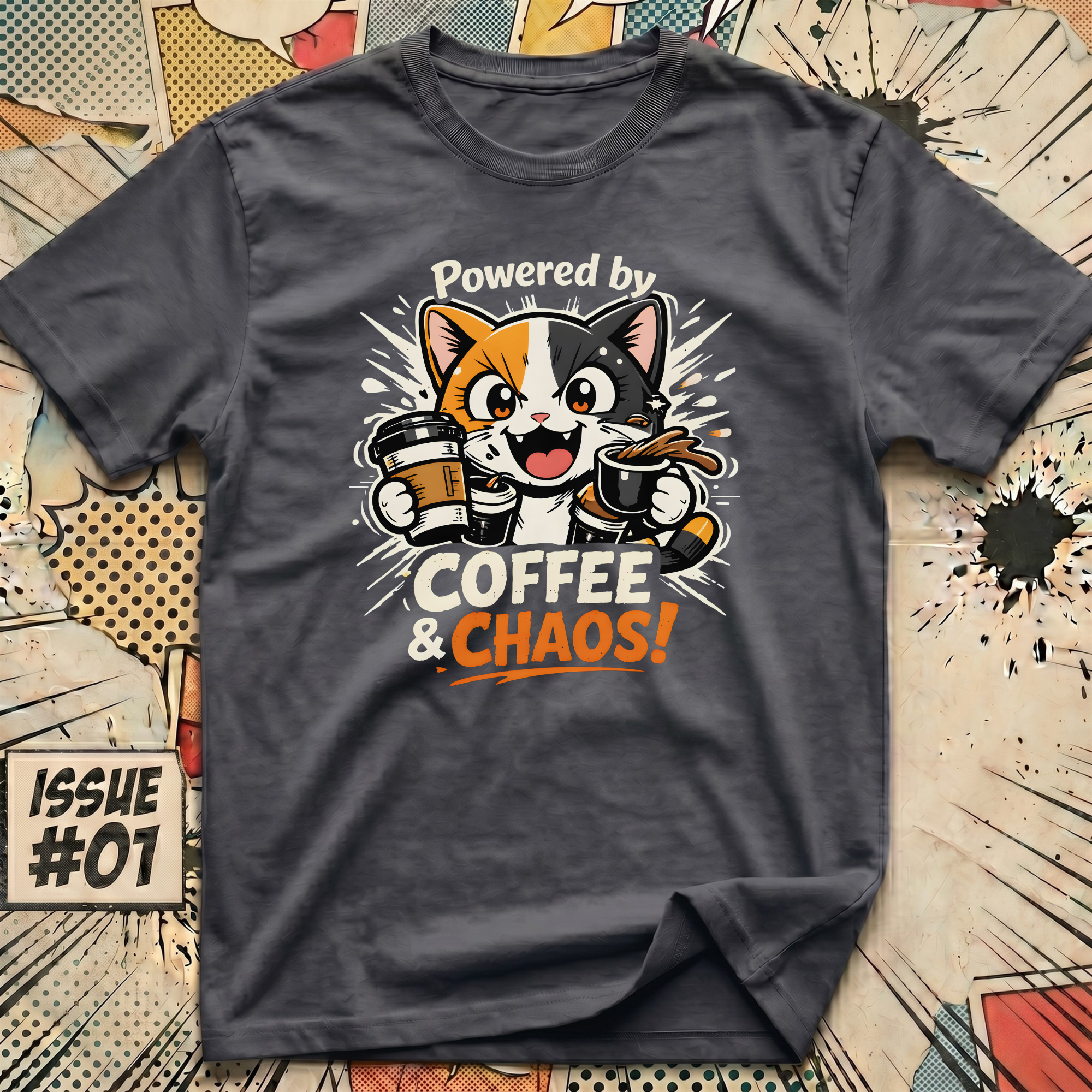 Cat Powered by Coffee and Chaos! T-Shirt