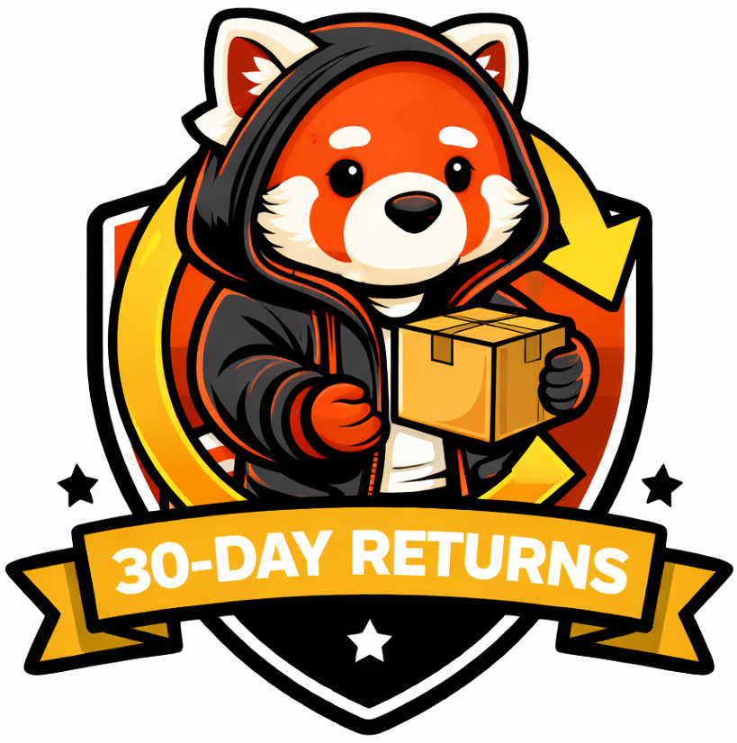 Cartoon red panda in a hoodie holding a box with '30-Day Returns' text on a white background