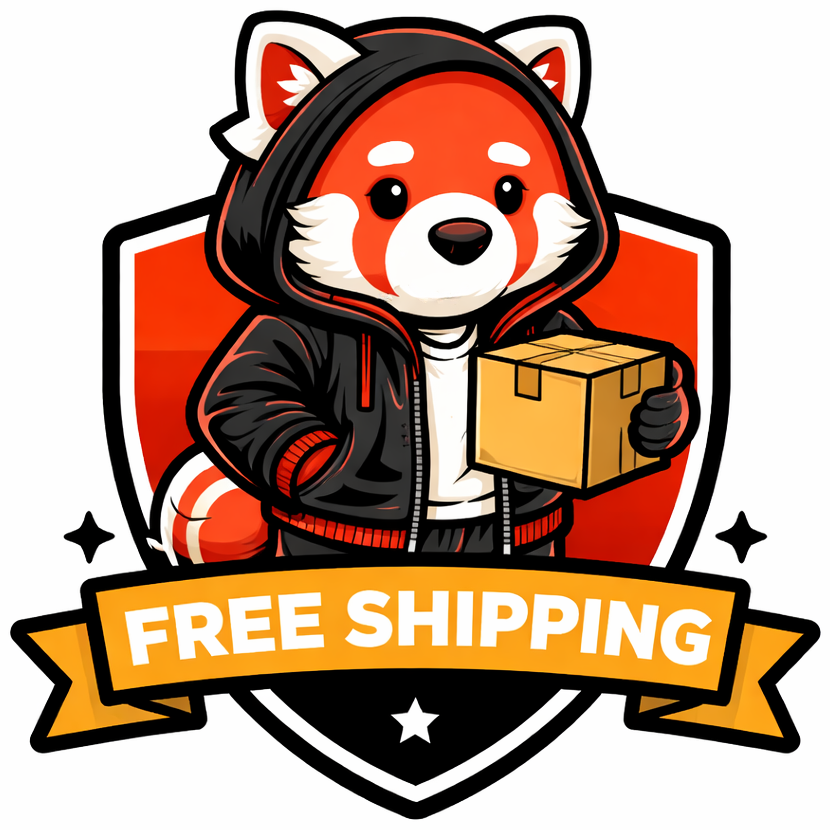 Logo with a red panda character holding a box and 'Free Shipping' text on a white background