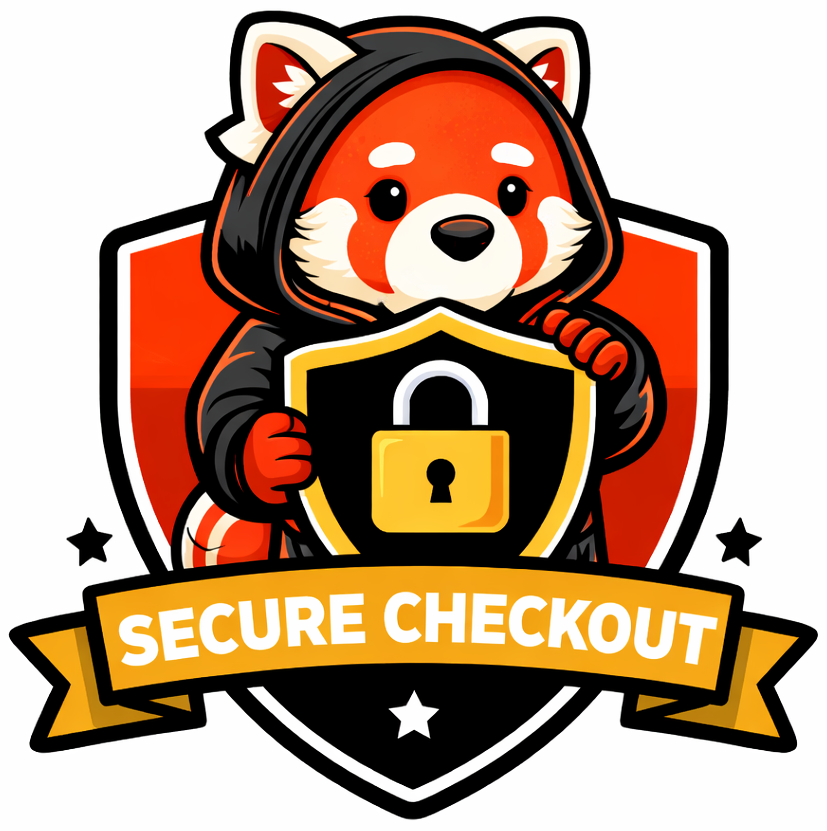 Logo with a red panda character holding a shield with a lock, labeled 'Secure Checkout'.