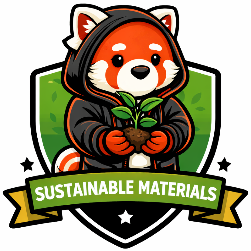 Cartoon red panda holding a plant with 'Sustainable Materials' text on a white background