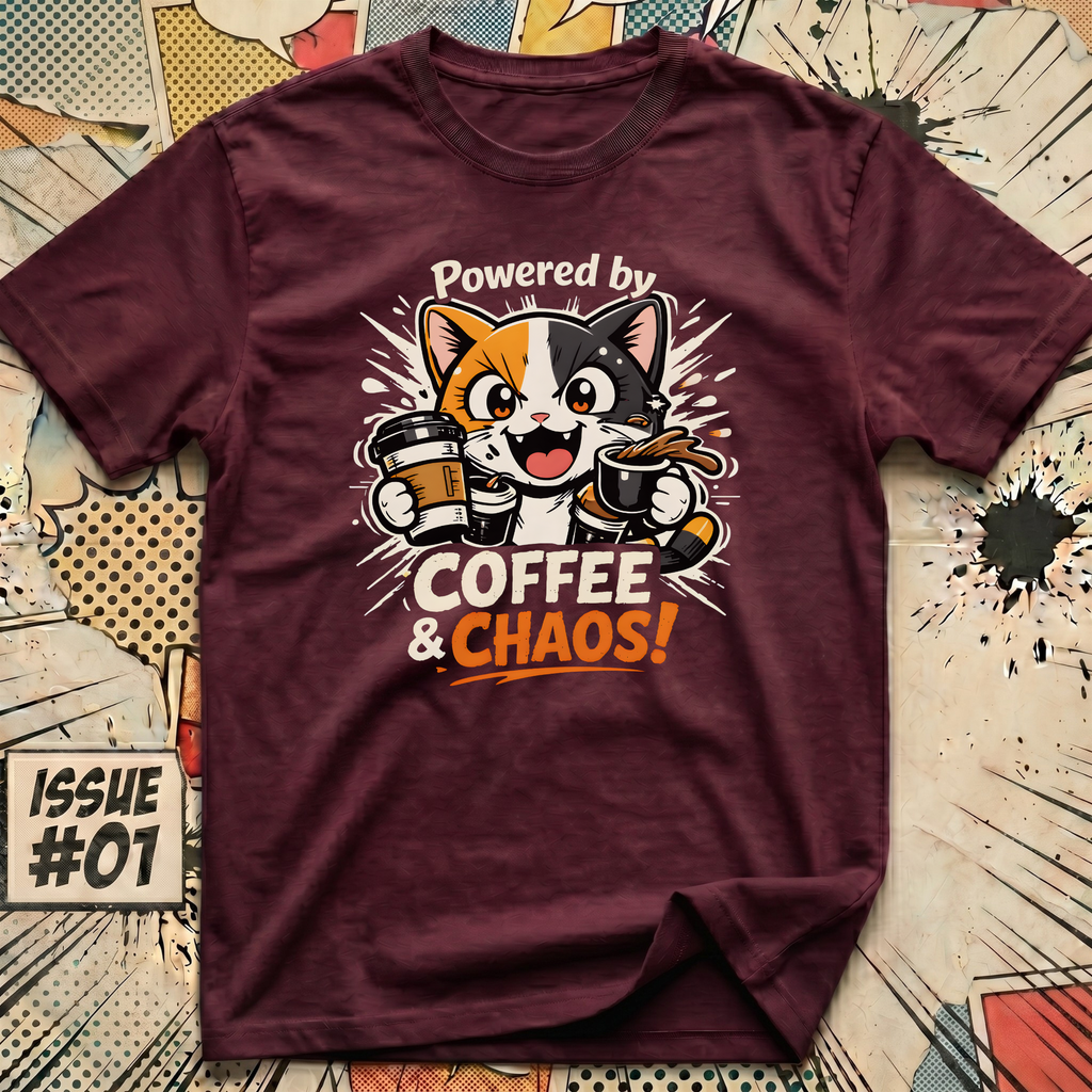 Cat Powered by Coffee and Chaos! T-Shirt