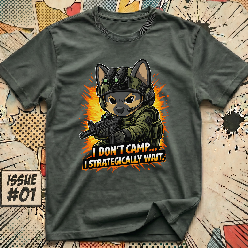 I Don't Camp... I Strategically Wait FPS Dog T-Shirt
