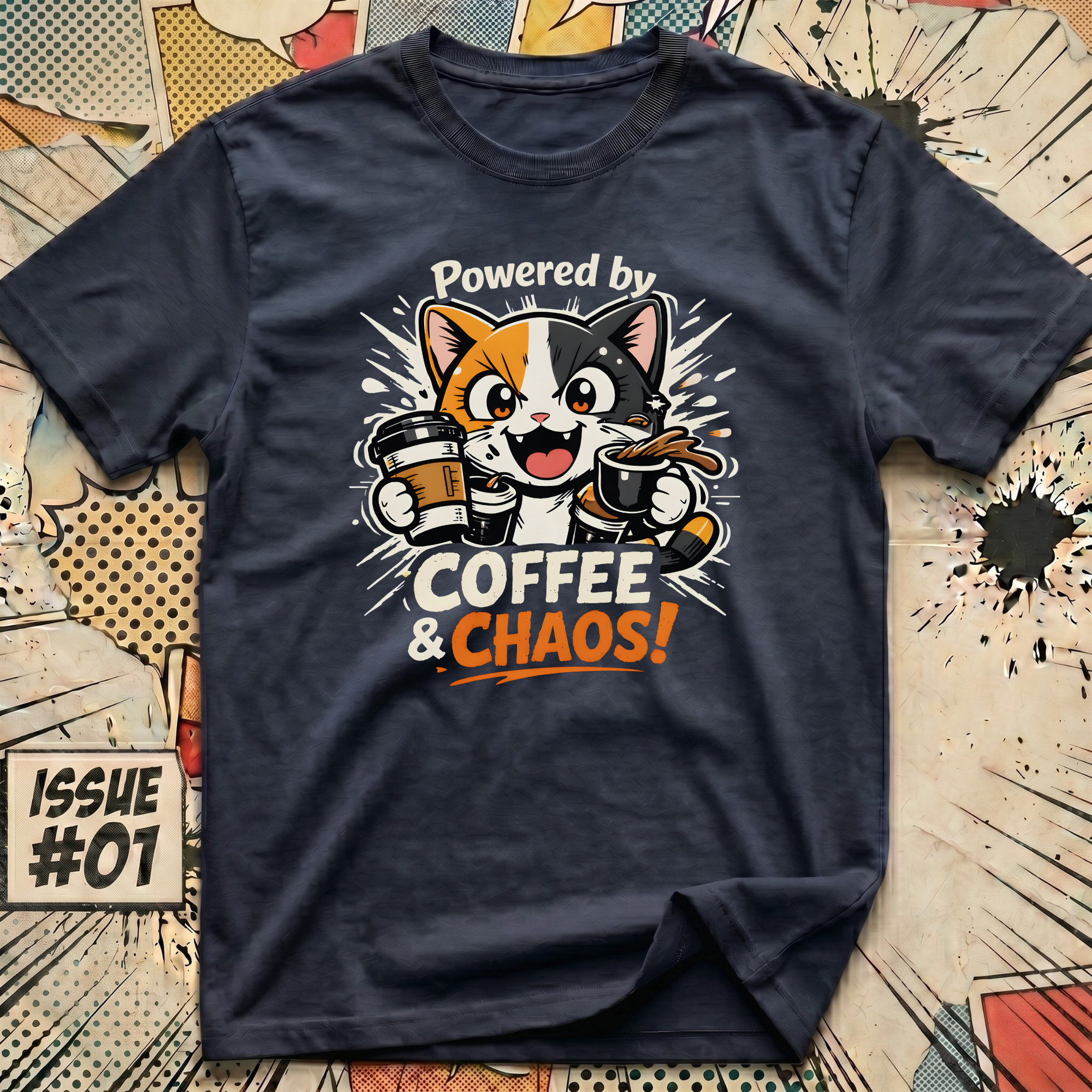 Cat Powered by Coffee and Chaos! T-Shirt