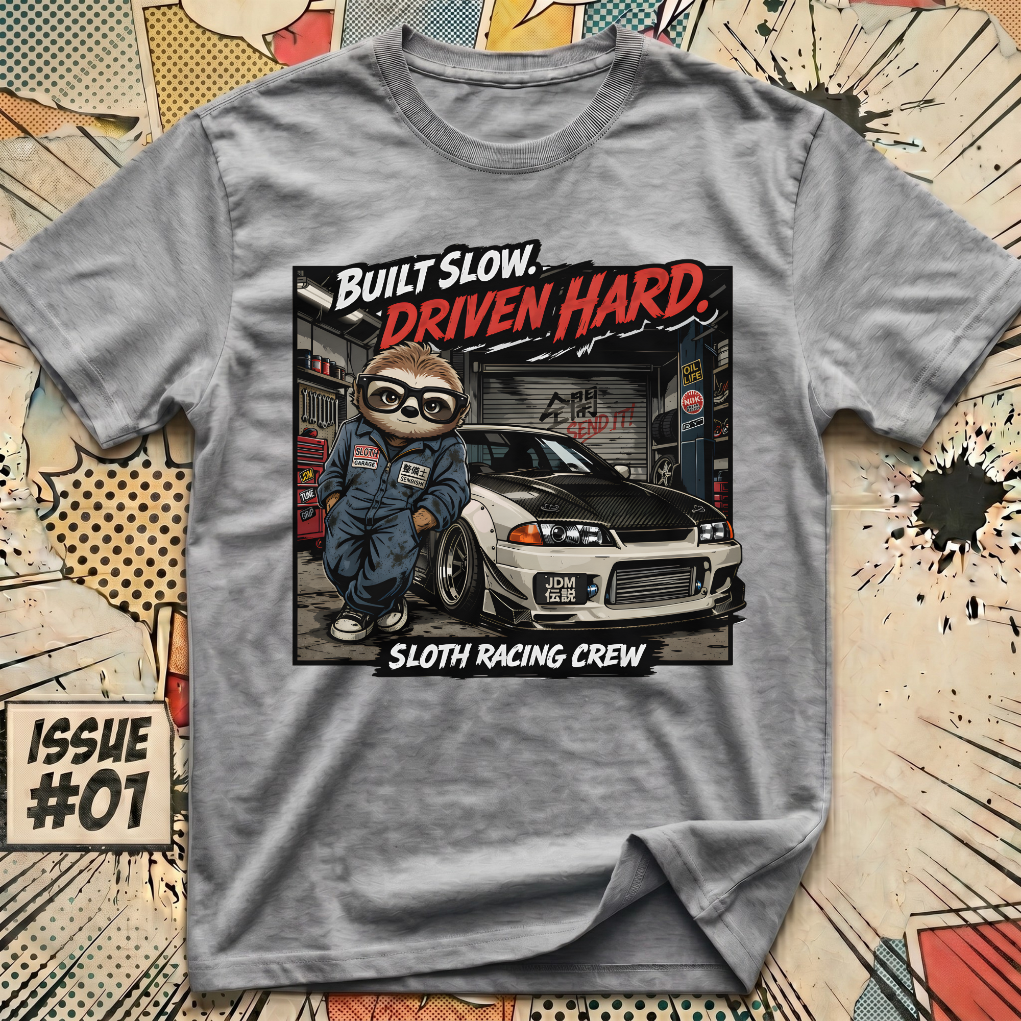 Built Slow Driven Hard Sloth Racing Crew T-Shirt
