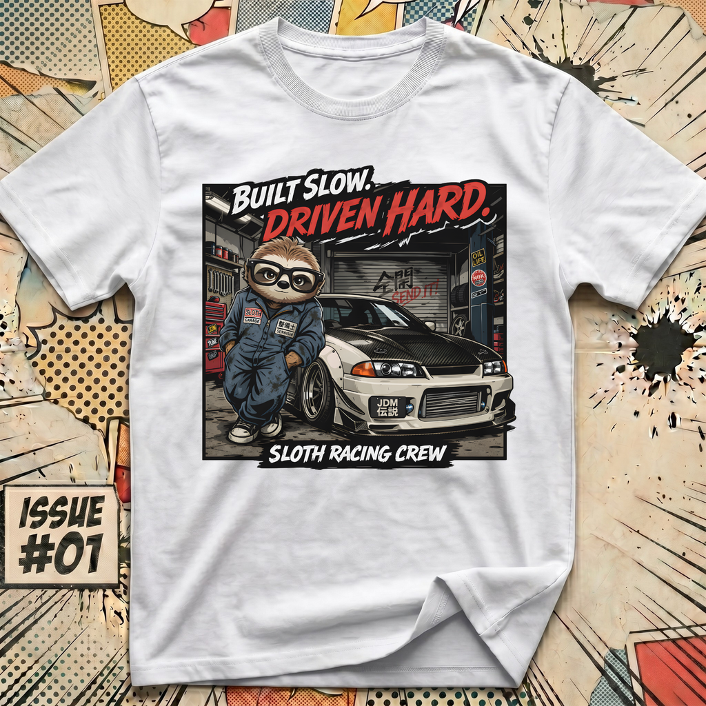 Built Slow Driven Hard Sloth Racing Crew T-Shirt